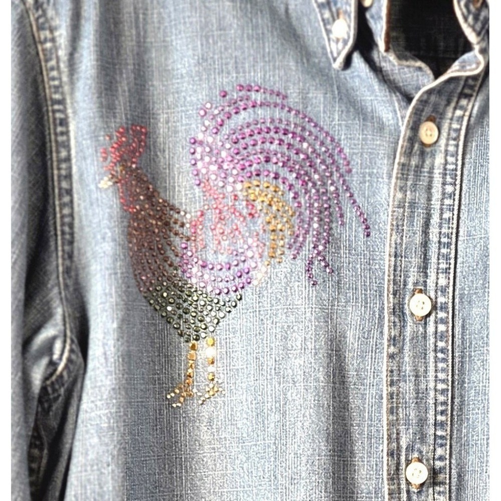 Vintage 90's Denim Shirt Womens Medium Blue Rhinestone Rooster Farmcore Western - Picture 3 of 9